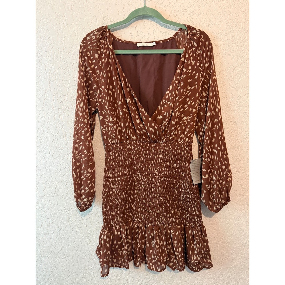 Lush Smocked Ruffle Mini Dress Size S Boho Cottagecore Brown Animal Print Fall